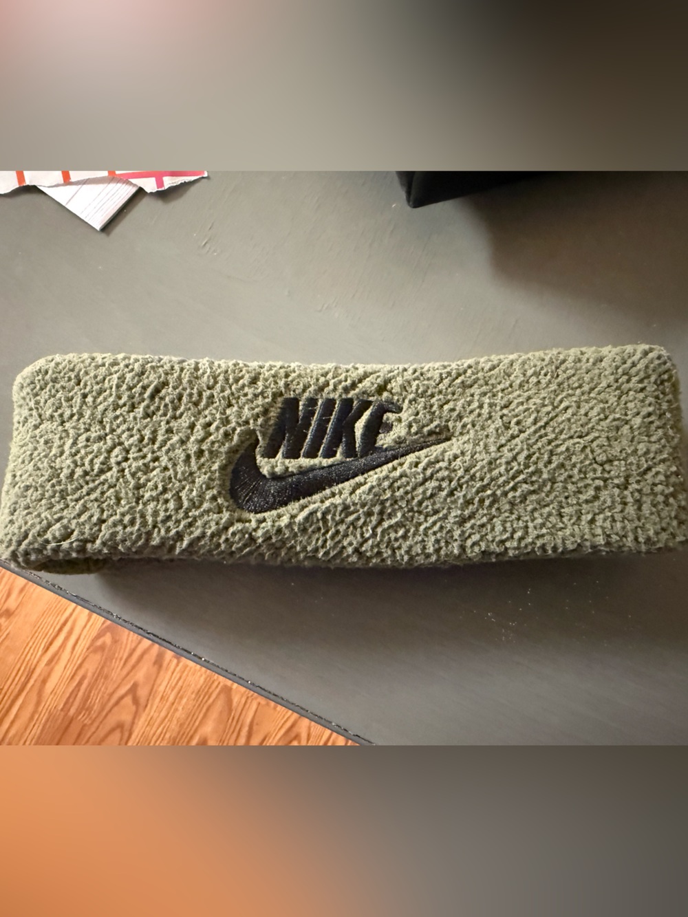 Nike Olive Sherpa Headband with Black Embroidered Swoosh